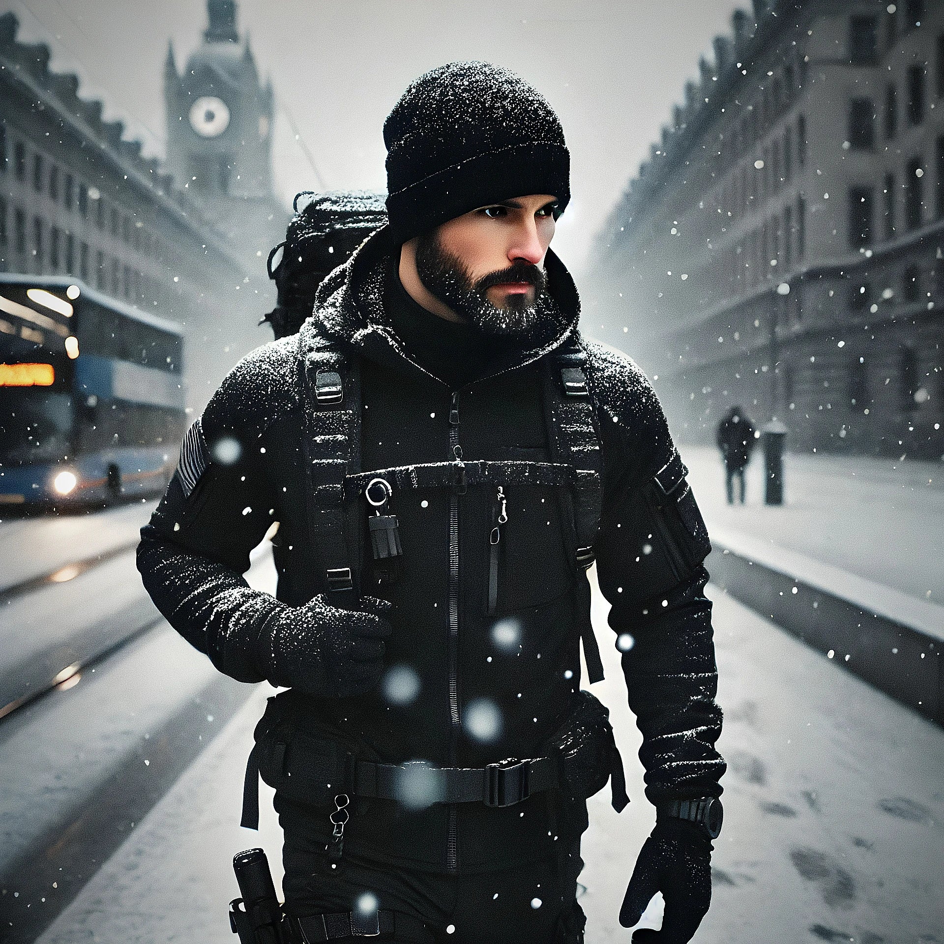 Survivalist man dressed as a gray man with tactical gear walking through urban streets while it is snowing.