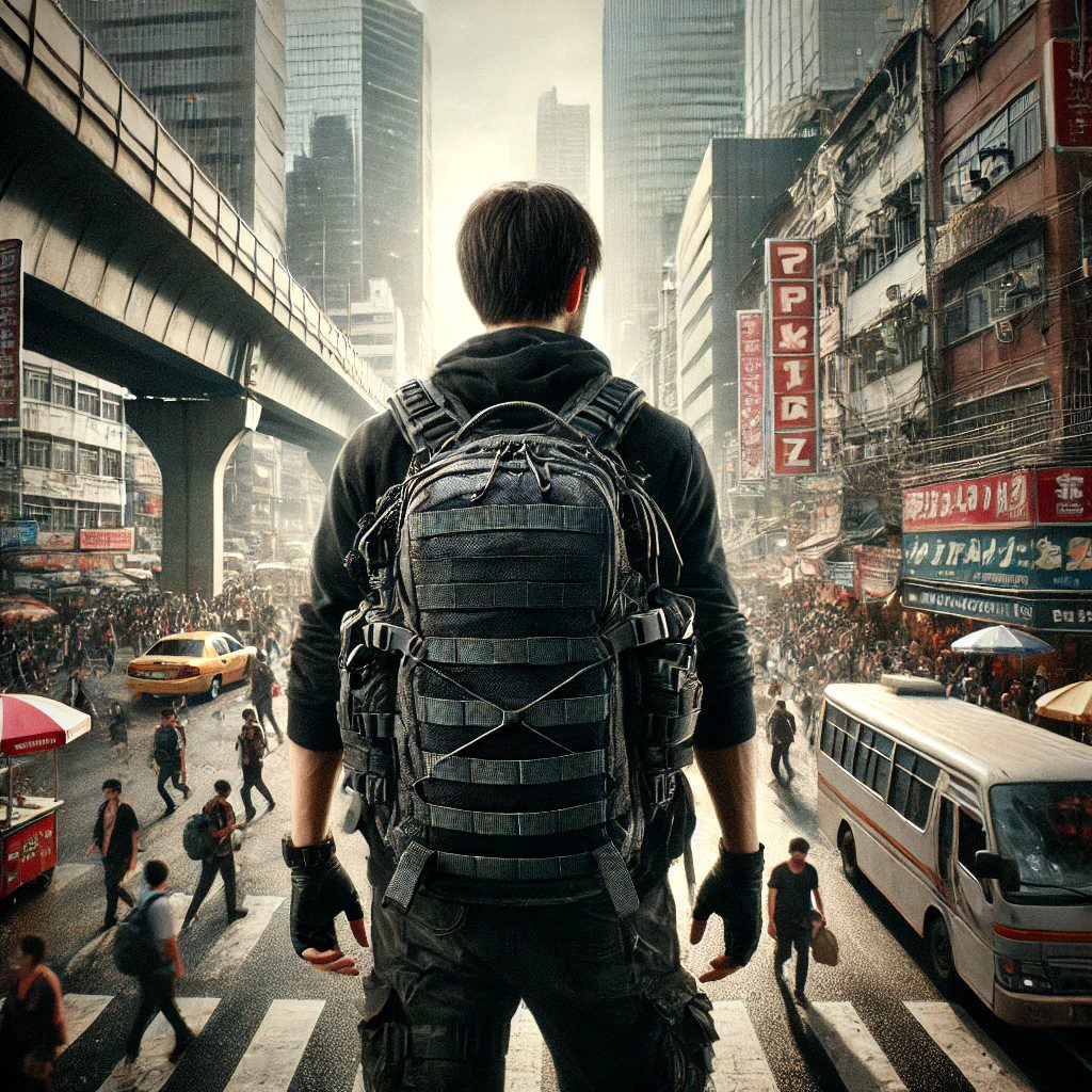 Man using his EDC Backpack in Urban environment