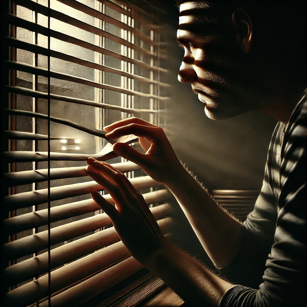 Man looking through the window to ensure home defense.