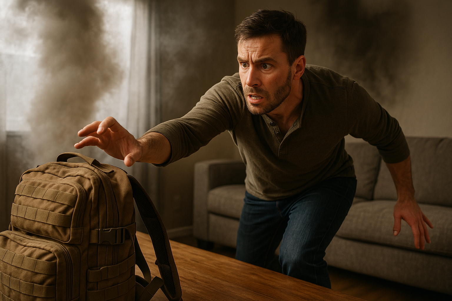 Survivalist reaching for his survival kit on a crisis scenario | The Survivalist